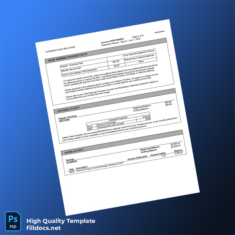 Singapore Citibank Account Statement Template in Word and PDF formats page 2