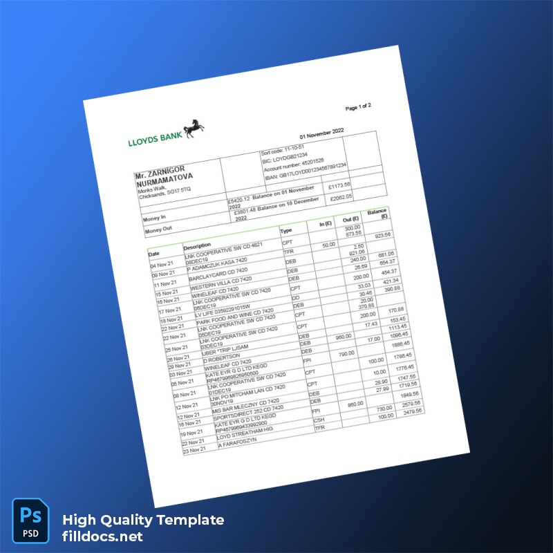 UK Lloyds Bank Bank Statement Template in Word and PDF formats
