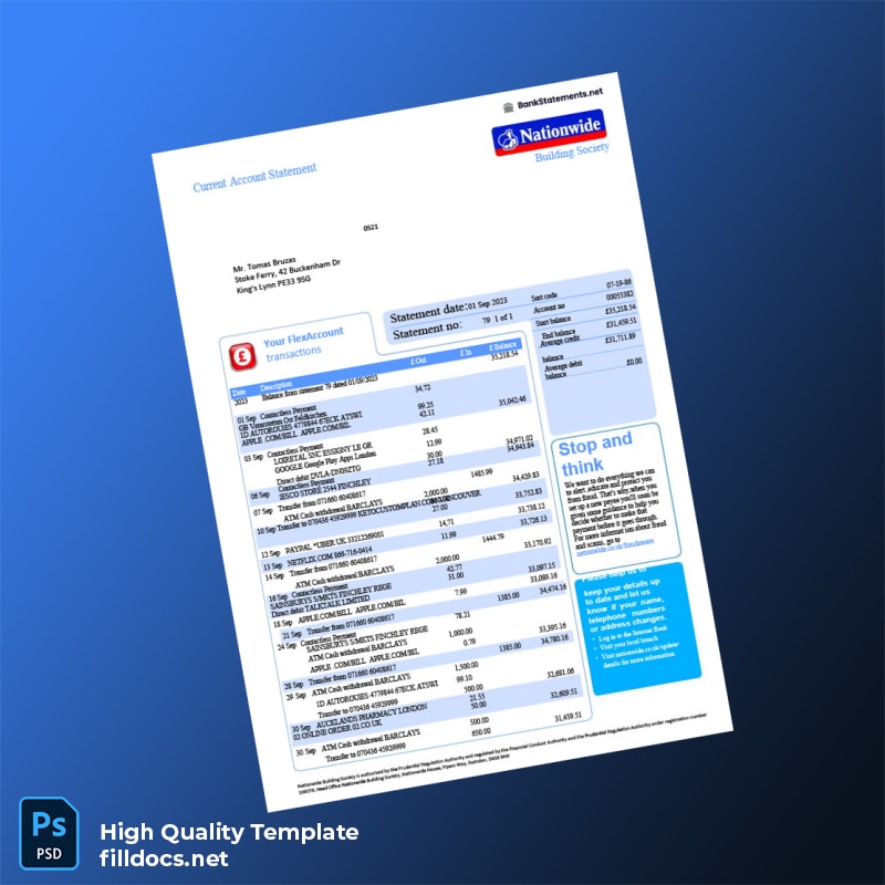 UK Nationwide Building Society Bank Statement Template in Word and PDF formats
