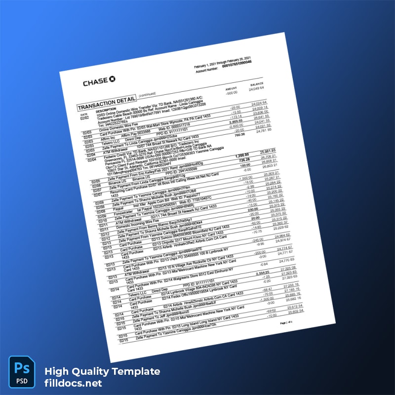 USA Chase College Checking Statement Template in Word and PDF formats page 2