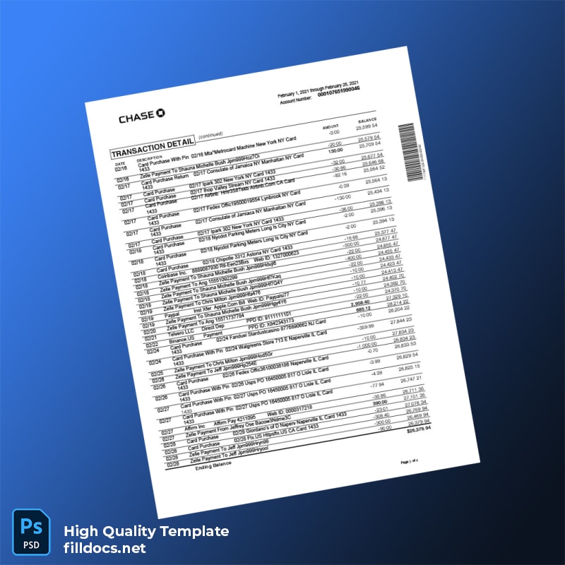 USA Chase College Checking Statement Template in Word and PDF formats page 3