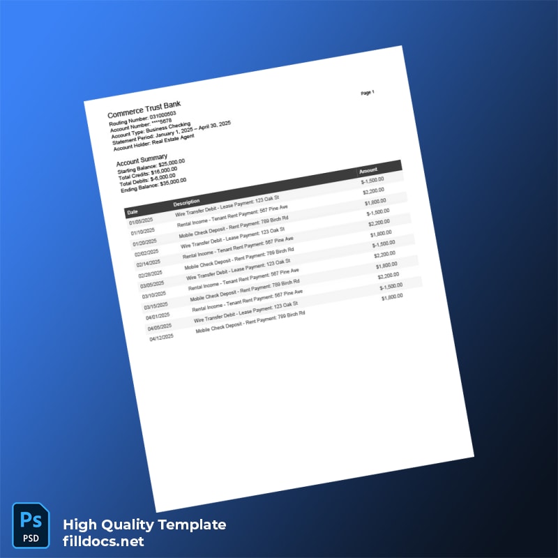 USA Commerce Trust Bank Statement Template in Word and PDF formats