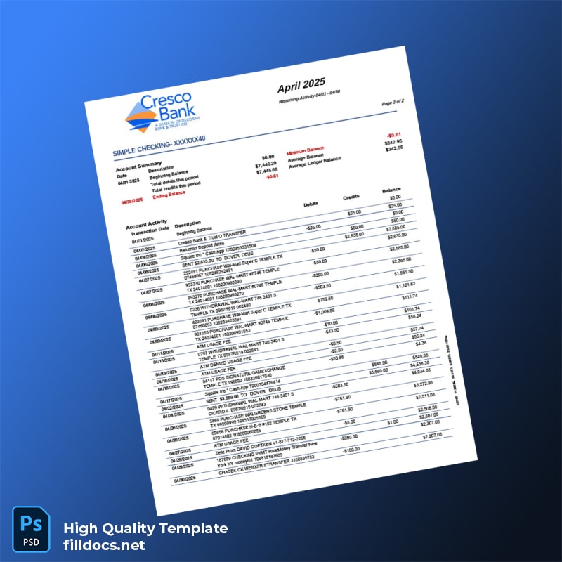 USA CrescoBank Account Statement Template in Word and PDF formats page 2