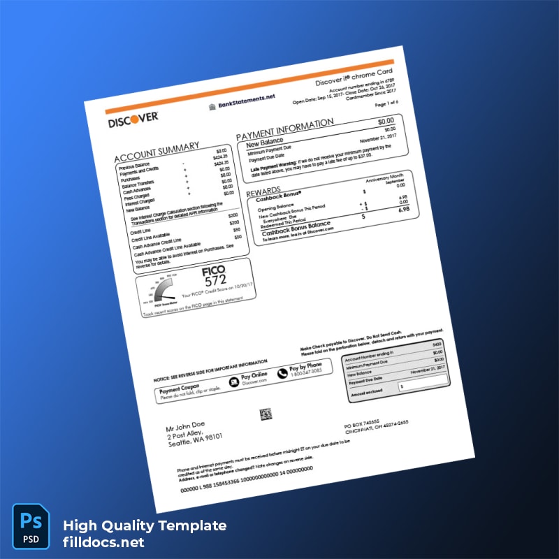 USA Discover Credit Card Statement Template in Word and PDF formats