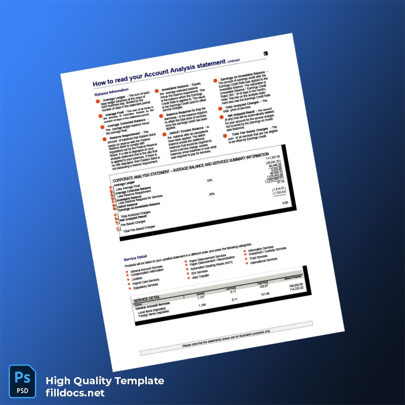 USA Eastern Bank Account Analysis Statement Template in Word and PDF formats page 2
