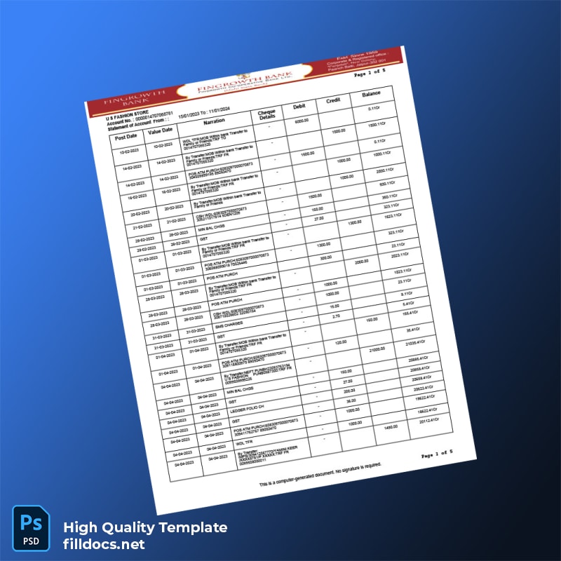 USA Fingrowth Bank Statement Template in Word and PDF formats page 2