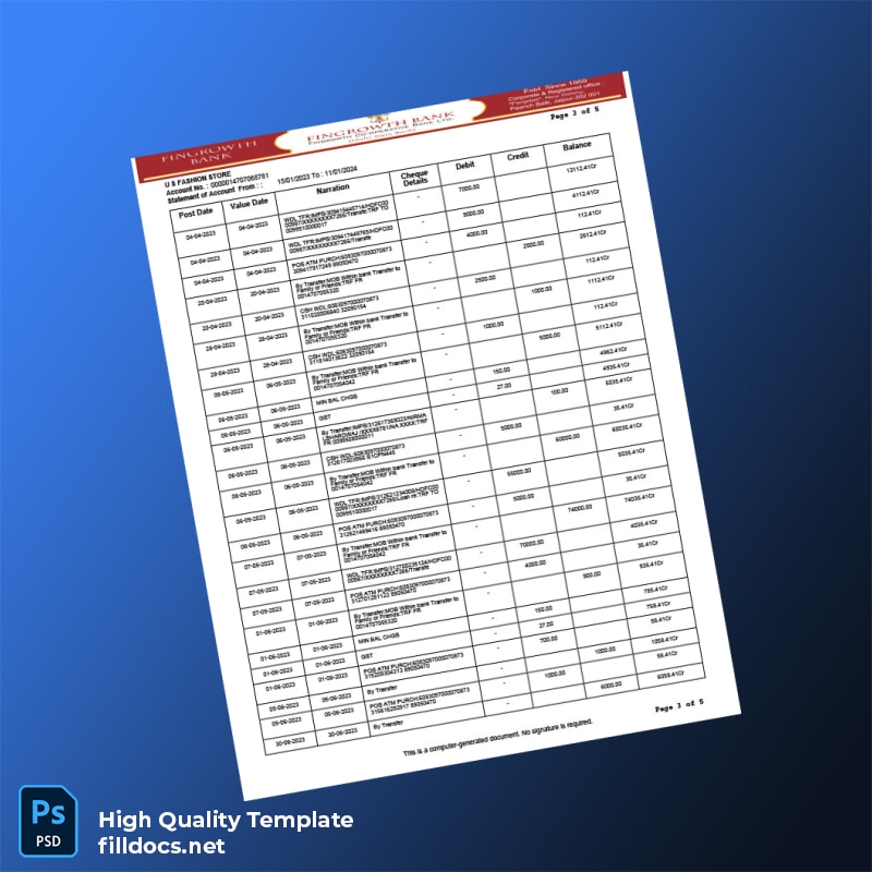 USA Fingrowth Bank Statement Template in Word and PDF formats page 3