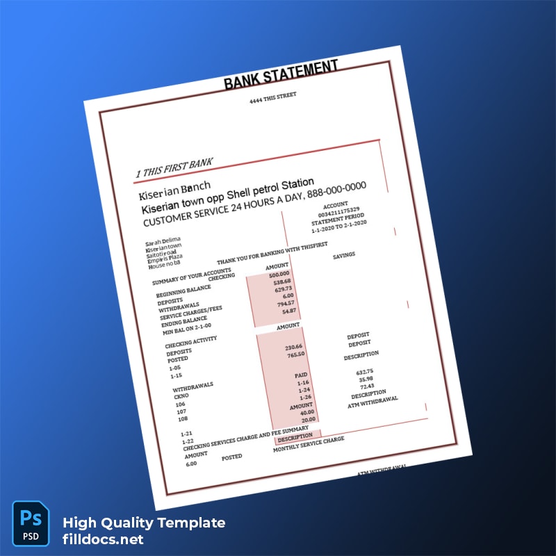 USA First Bank Bank Statement Template in Word and PDF formats