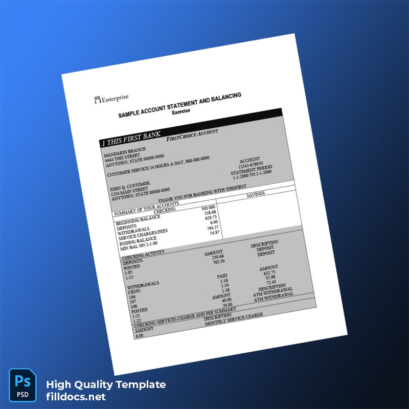 USA First Bank Sample Account Statement Template in Word and PDF formats