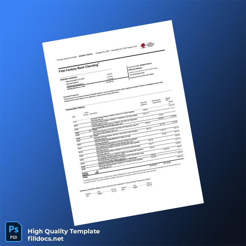 USA First Century Bank Bank Statement Template in Word and PDF formats page 2