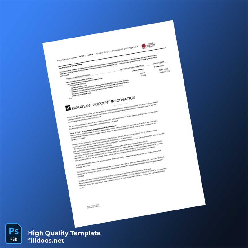 USA First Century Bank Bank Statement Template in Word and PDF formats page 3