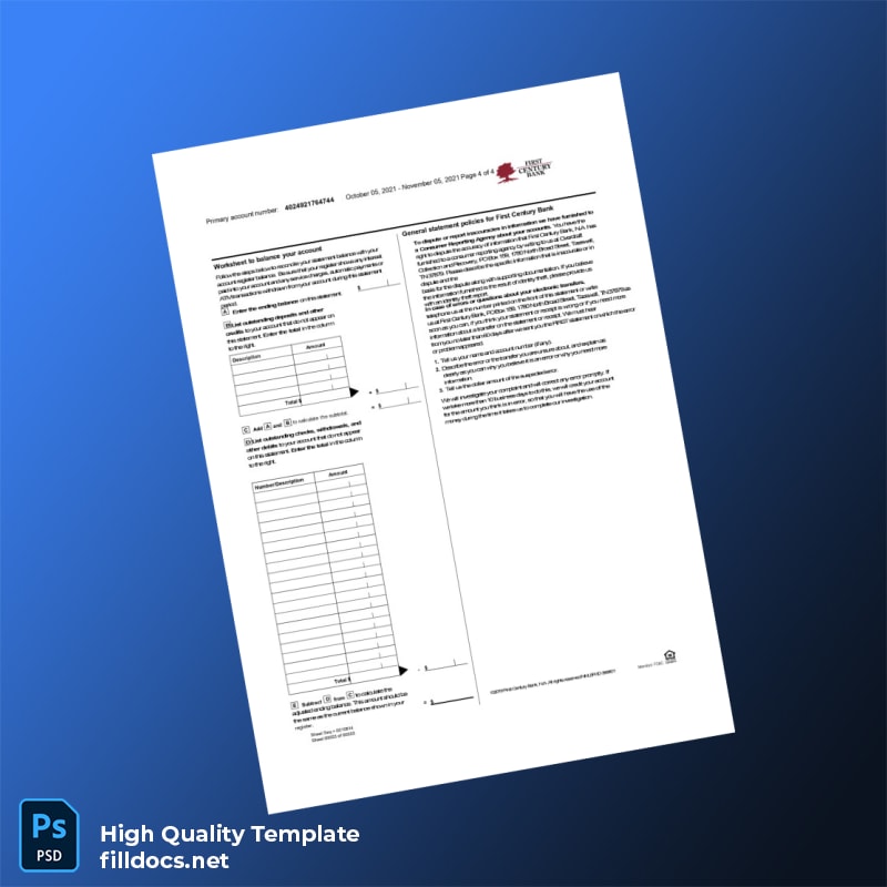 USA First Century Bank Bank Statement Template in Word and PDF formats page 4