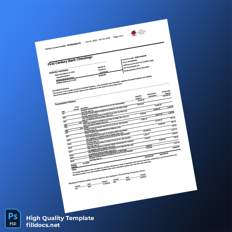 USA First Century Bank Statement Template in Word and PDF formats page 2