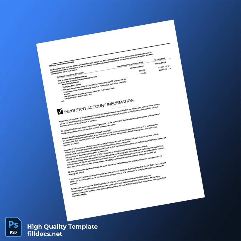 USA First Century Bank Statement Template in Word and PDF formats page 3