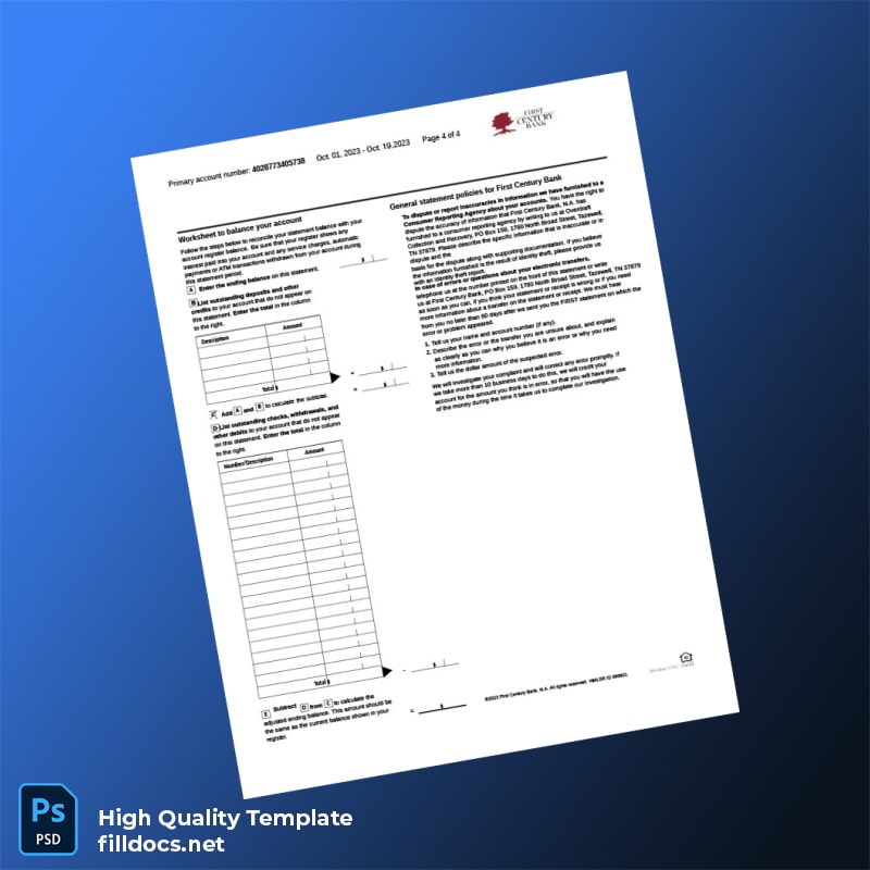 USA First Century Bank Statement Template in Word and PDF formats page 4