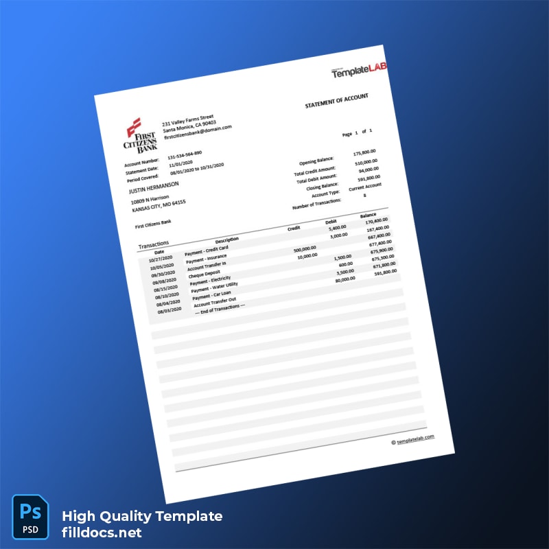 USA First Citizens Bank Bank Statement Template in Word and PDF formats