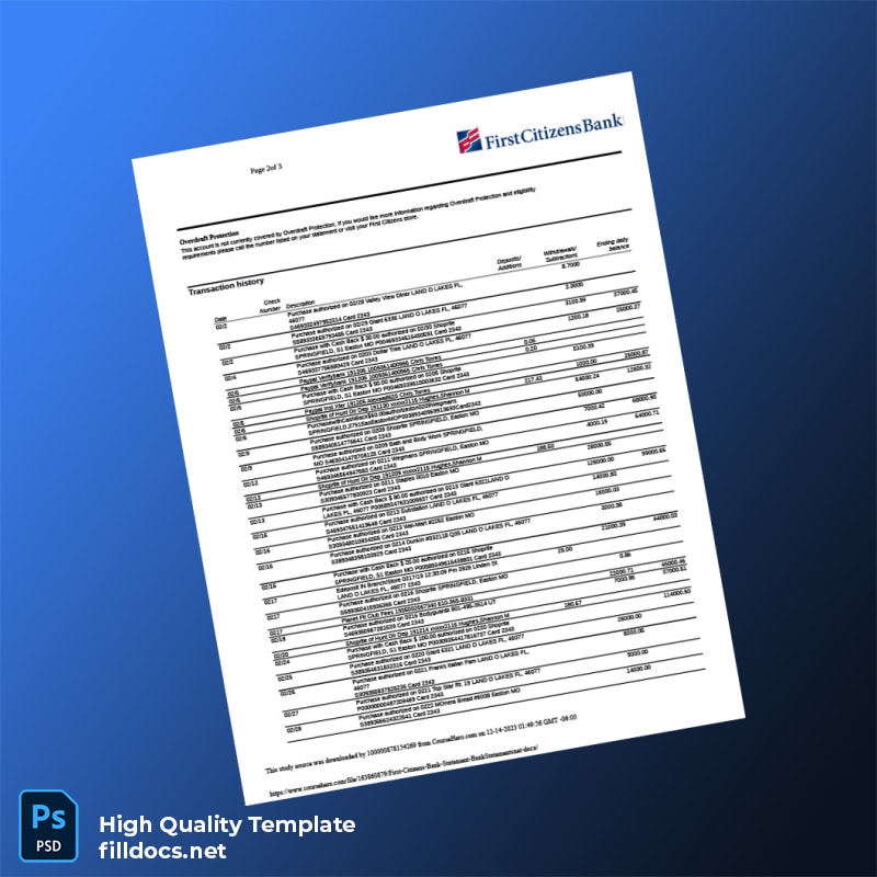 USA First Citizens Bank Statement Template in Word and PDF formats page 2