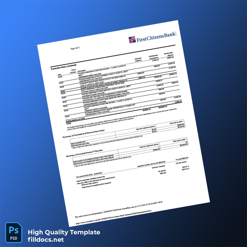 USA First Citizens Bank Statement Template in Word and PDF formats page 3