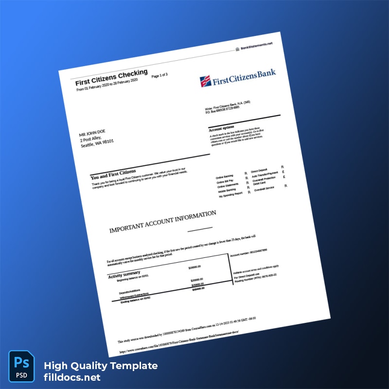USA First Citizens Bank Statement Template in Word and PDF formats