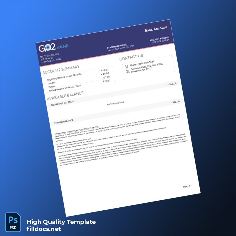 USA Go2bank Bank Statement Template in Word and PDF formats