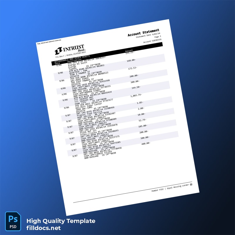 USA INTRUST Bank Statement Template in Word and PDF formats page 3