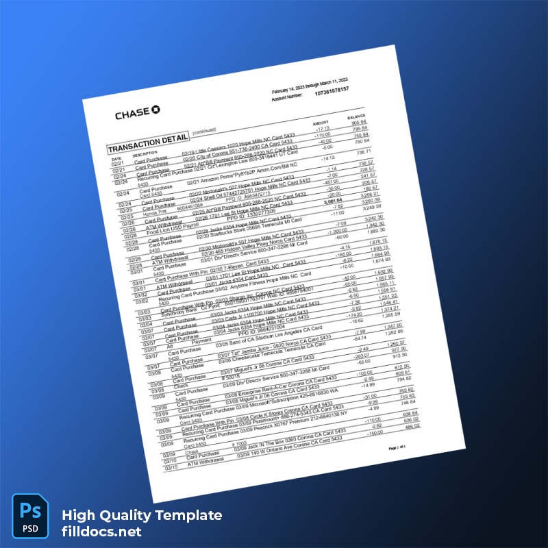 USA JPMorgan Chase Bank Statement Template in Word and PDF formats page 2