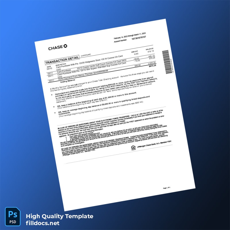 USA JPMorgan Chase Bank Statement Template in Word and PDF formats page 3
