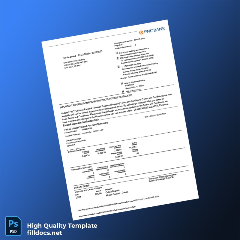 USA PNC Bank Statement Template in Word and PDF formats