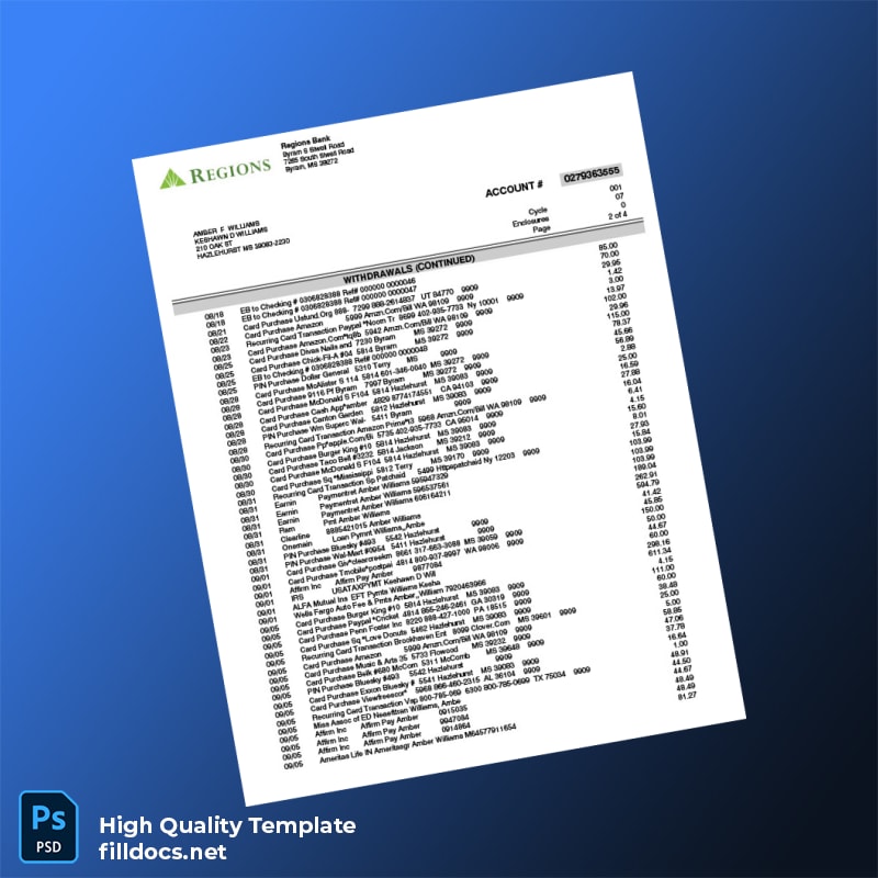 USA Regiones Bank Statement Template in Word and PDF formats page 2