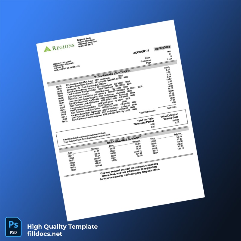 USA Regiones Bank Statement Template in Word and PDF formats page 3