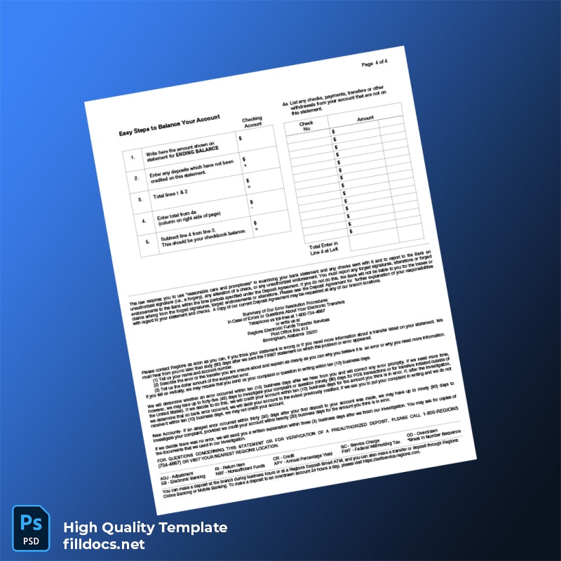 USA Regiones Bank Statement Template in Word and PDF formats page 4