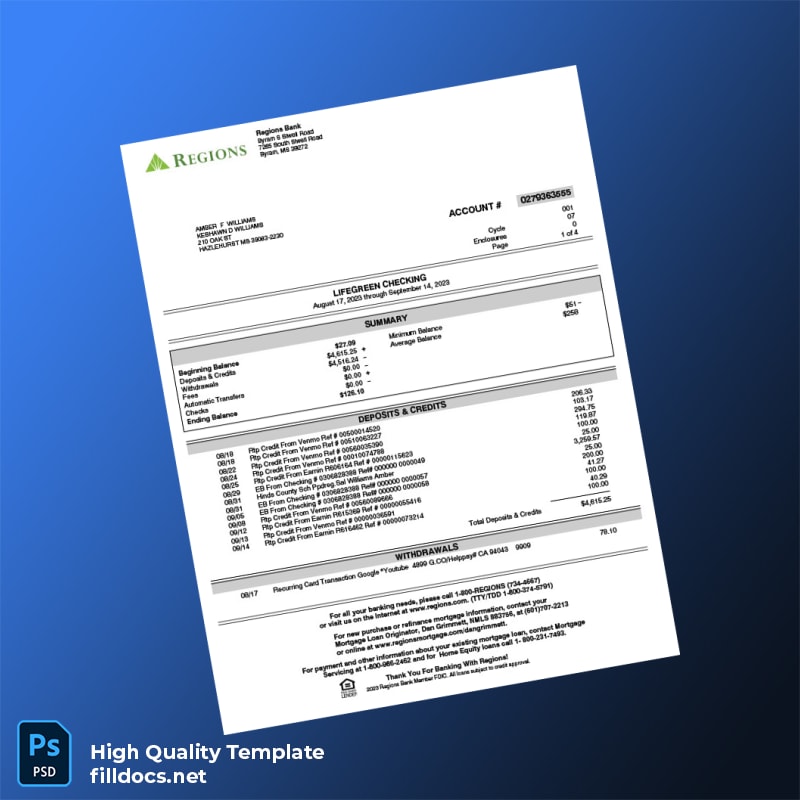 USA Regiones Bank Statement Template in Word and PDF formats