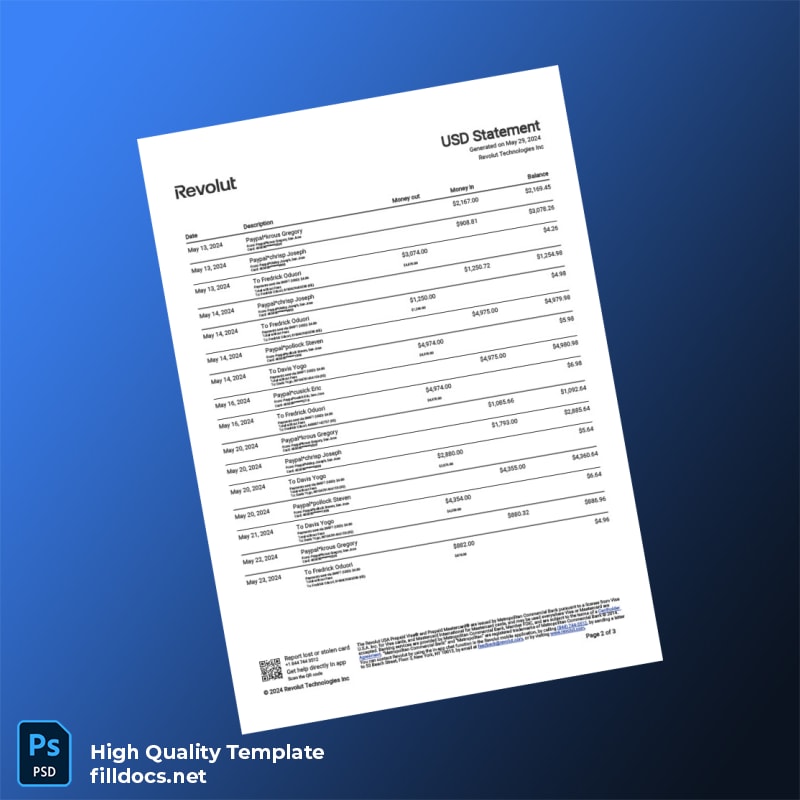 USA Revolut Account Statement Template in Word and PDF formats page 2