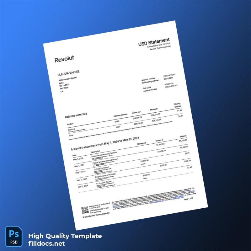USA Revolut Account Statement Template in Word and PDF formats