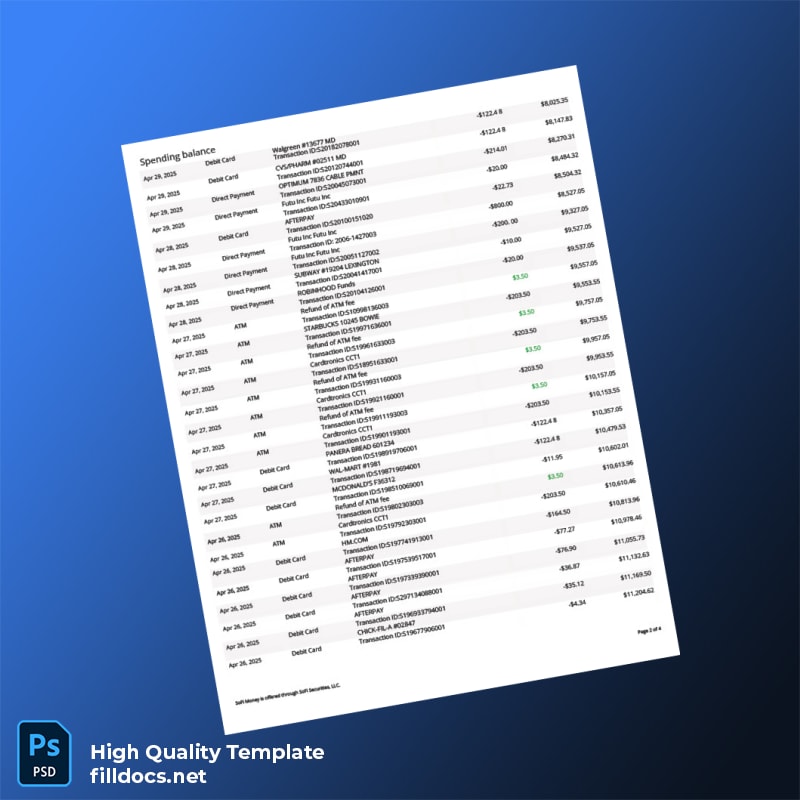 USA SOFI Bank Statement Template in Word and PDF formats page 2