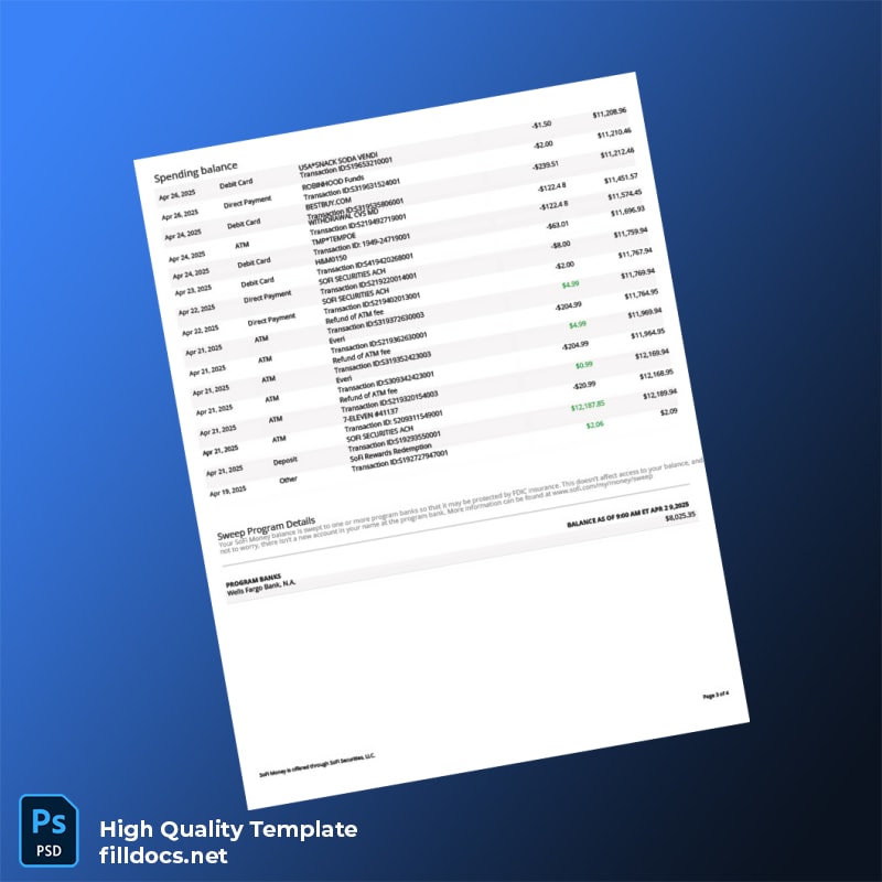 USA SOFI Bank Statement Template in Word and PDF formats page 3