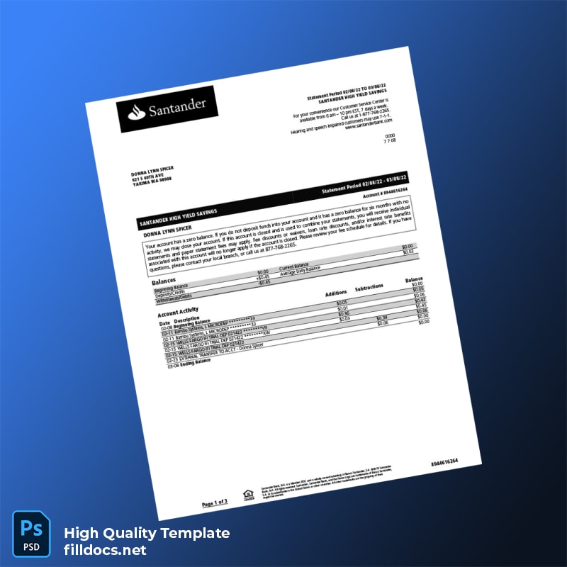 USA Santander Bank Statement Template in Word and PDF formats
