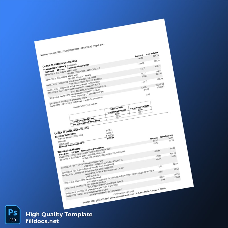 USA Suncoast Bank Statement Template in Word and PDF formats page 2