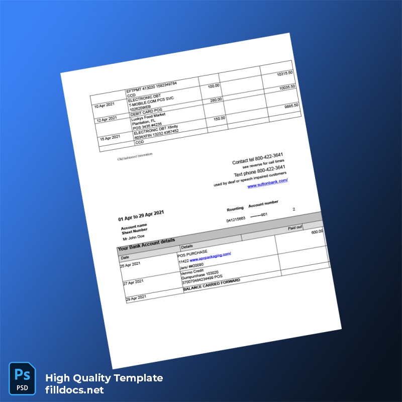 USA Sutton Bank Statement Template in Word and PDF formats page 2