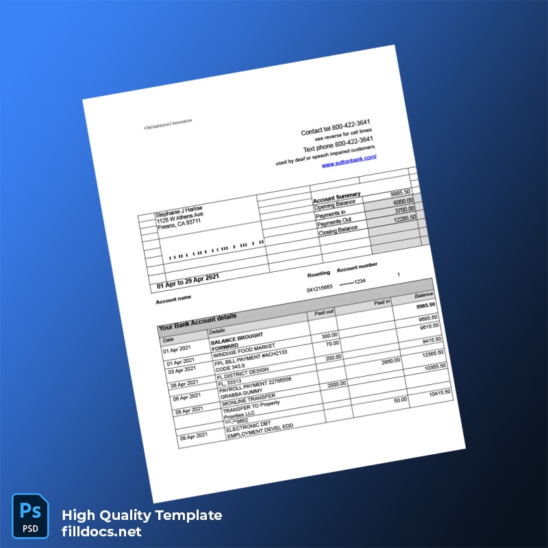 USA Sutton Bank Statement Template in Word and PDF formats