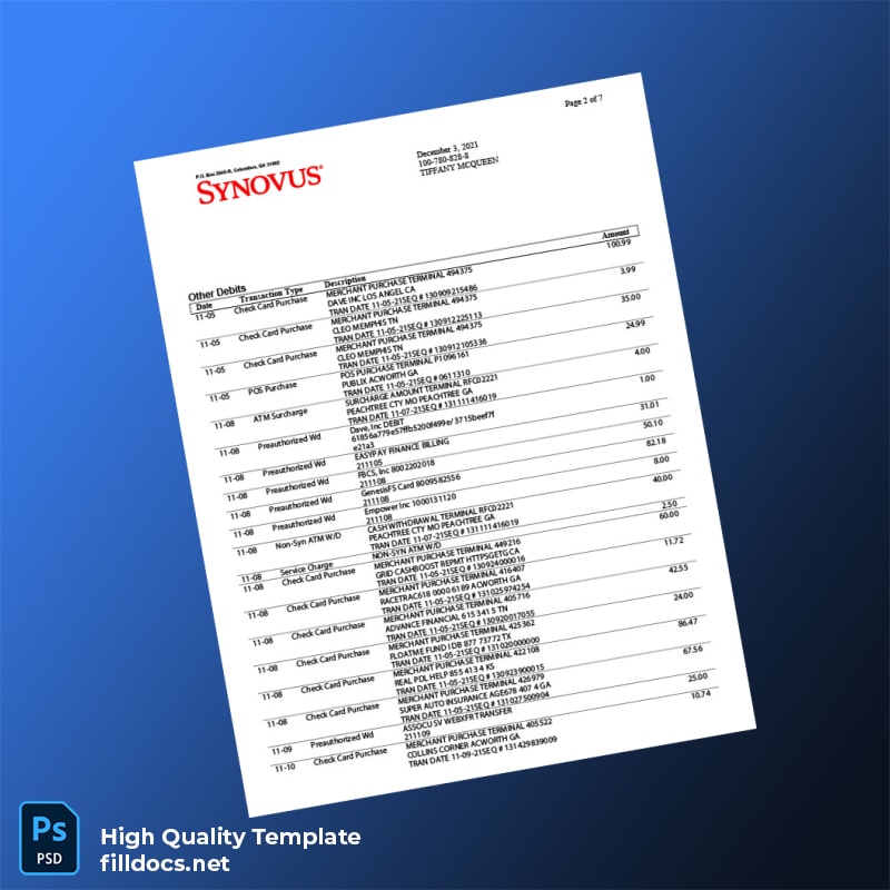 USA Synovus Bank Statement Template in Word and PDF formats page 2