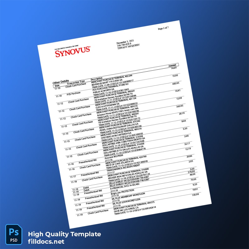 USA Synovus Bank Statement Template in Word and PDF formats page 3