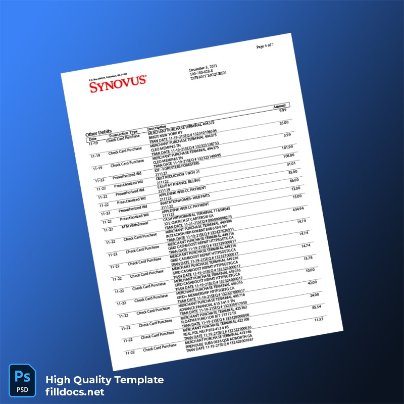 USA Synovus Bank Statement Template in Word and PDF formats page 4
