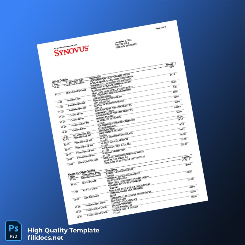 USA Synovus Bank Statement Template in Word and PDF formats page 5