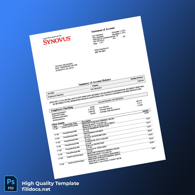 USA Synovus Bank Statement Template in Word and PDF formats