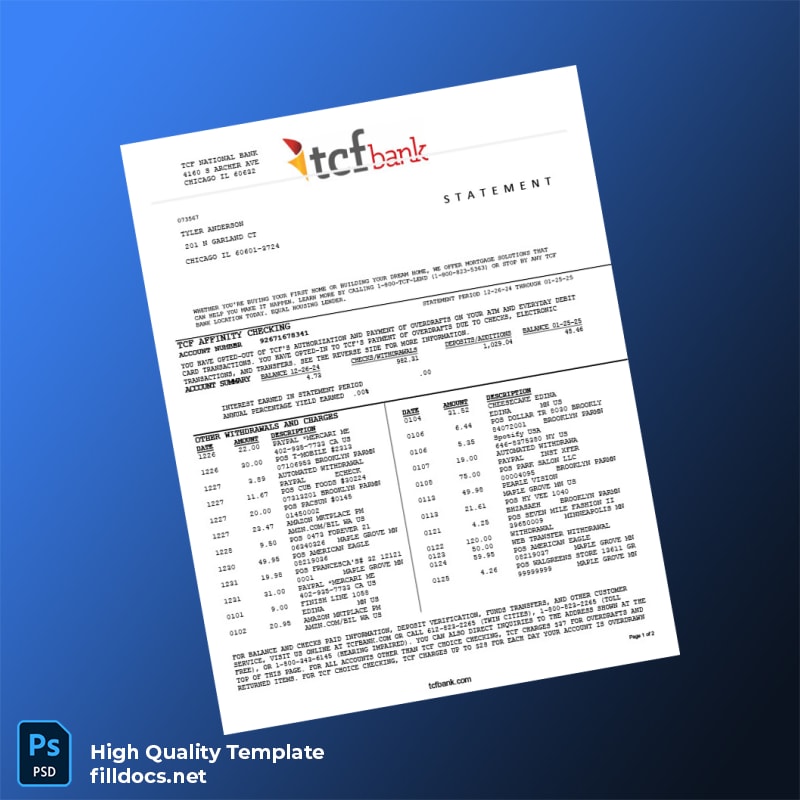 USA TCF Bank Statement Template in Word and PDF formats