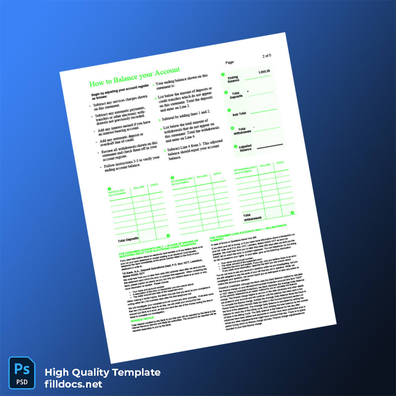 USA TD Bank Statement Template in Word and PDF formats page 2