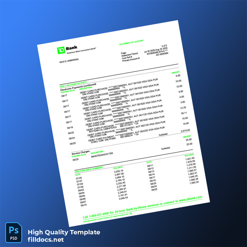 USA TD Bank Statement Template in Word and PDF formats page 5