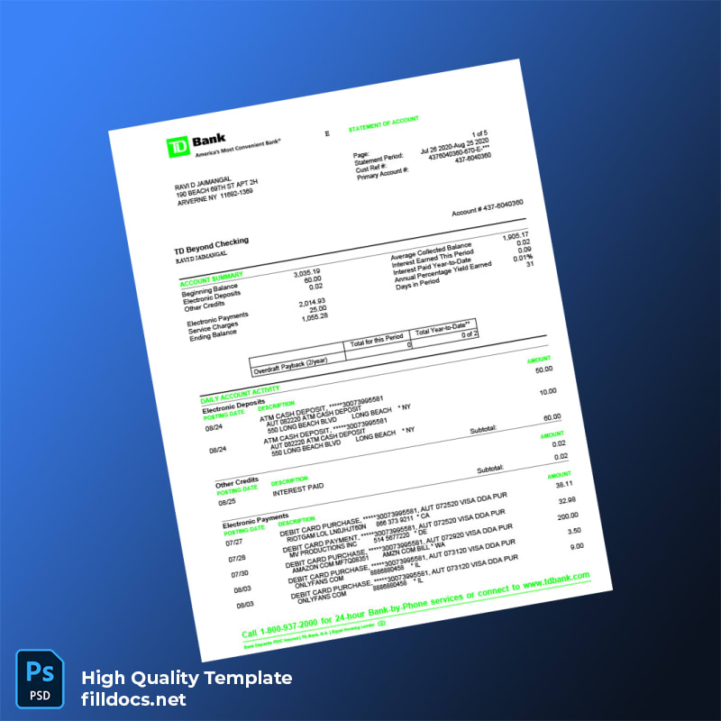 USA TD Bank Statement Template in Word and PDF formats