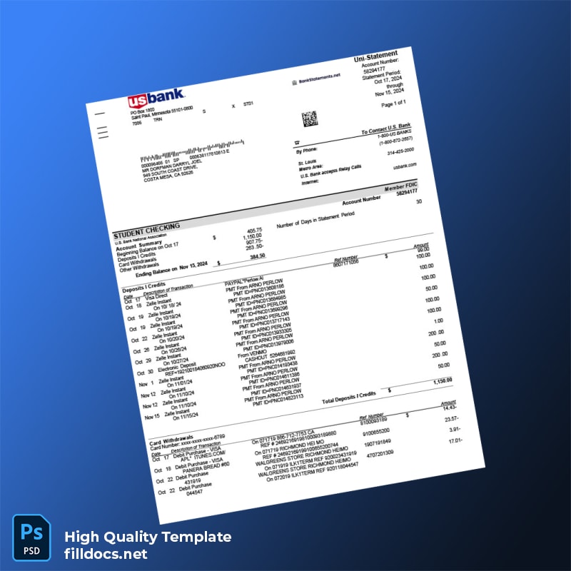 USA U S Bank Account Statement Template in Word and PDF formats